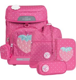 Beckmann Schulranzenset Plus Air Strawberry 6-tlg.: rosa, ergonomisch, mit weißen Punkten und Erdbeeren.