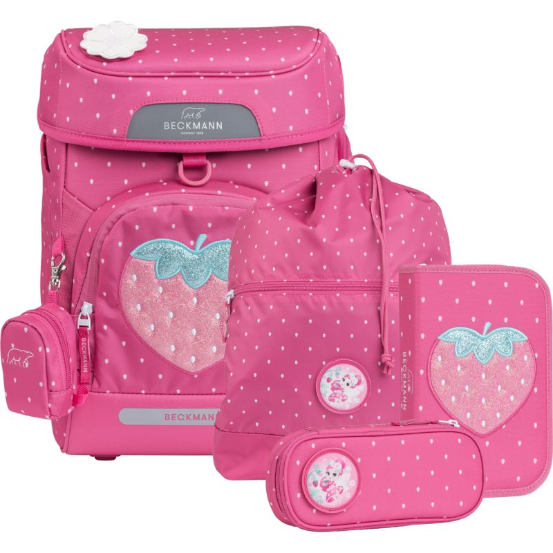 Beckmann Schulranzenset Plus Air Strawberry 6-tlg.: rosa, ergonomisch, mit weißen Punkten und Erdbeeren.