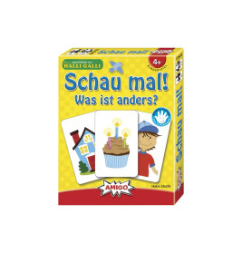 Gelbe Box "AMIGO Schau mal!" Kinderspiel ab 4 Jahren für 2-6 Spieler, Kartenvorschau sichtbar.