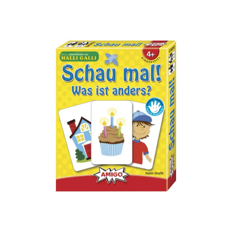 Gelbe Box "AMIGO Schau mal!" Kinderspiel ab 4 Jahren für 2-6 Spieler, Kartenvorschau sichtbar.