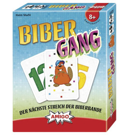AMIGO Biber-Gang: Schachtel mit Comic-Biber und Karten 1, 2, 5. Für 2-6 Spieler ab 8 Jahren.