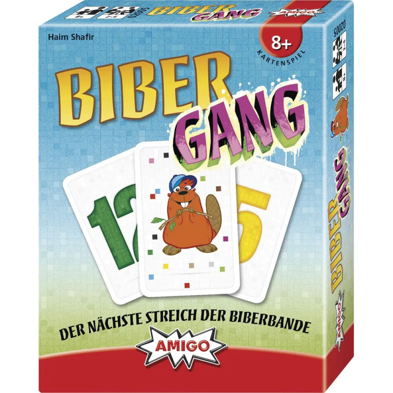 AMIGO Biber-Gang: Schachtel mit Comic-Biber und Karten 1, 2, 5. Für 2-6 Spieler ab 8 Jahren.