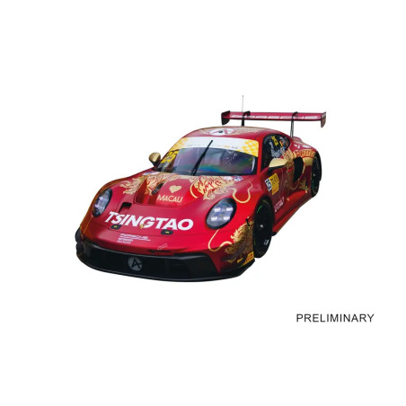 Carrera Digital 124 Porsche 911 GT3 R No.25 Slotcar, rot-goldenes Drachendesign, TSINGTAO-Logo auf Weiß.
