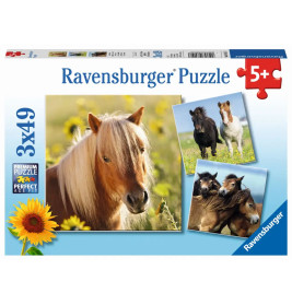 Ravensburger Puzzle Liebe Pferde, 3x49 Teile, zeigt Pferde auf Wiesen, geeignet ab 5 Jahren.