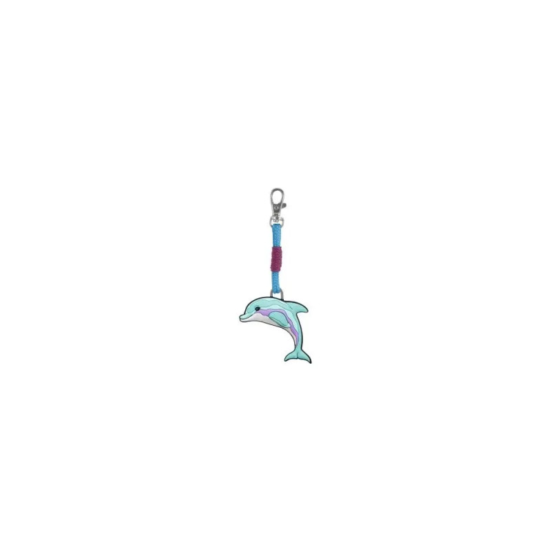 Schlüsselanhänger mit buntem Delfin-Anhänger, blau-rosa Band und silbernem Verschluss.