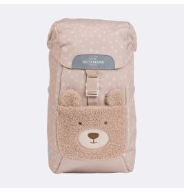 Rucksack Classic Mini Teddy: beiger Kinder-Rucksack mit weißen Punkten und flauschiger Bärengesicht-Fronttasche.