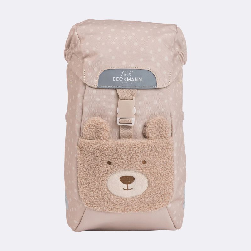Rucksack Classic Mini Teddy: beiger Kinder-Rucksack mit weißen Punkten und flauschiger Bärengesicht-Fronttasche.