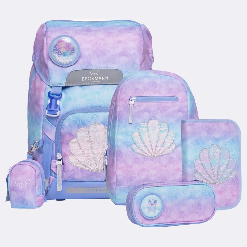 Schulranzenset Classic Seashell, 6-teilig, mit Pastell-Tie-Dye: Ranzen, Federmäppchen und weitere Taschen enthalten.