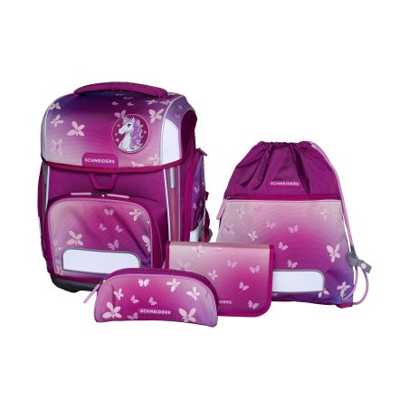 Schulranzen-Set Ergolite 9-tlg DAmm Floral Dream: lila-pinker Ranzen, Turnbeutel, Etui & Geldbörse mit Schmetterling.