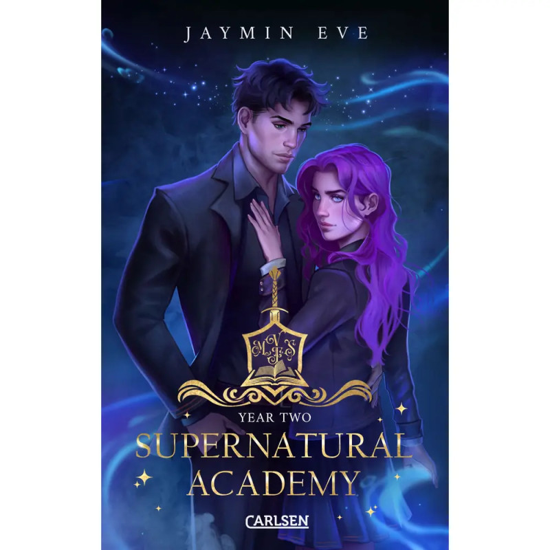Ein Mann in Schwarz und eine Frau mit lila Haaren stehen auf dem Cover von Supernatural Academy: Year Two.