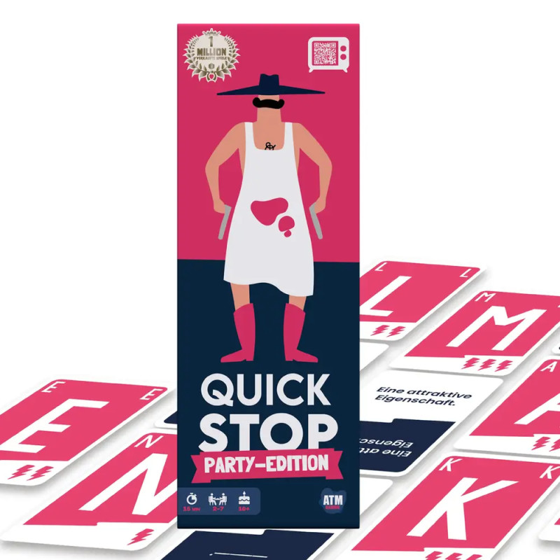 Spielschachtel von ATM GAMING QuickStop Buchstaben-Duell Party-Edition mit Comic-Metzger und verteilten Spielkarten.