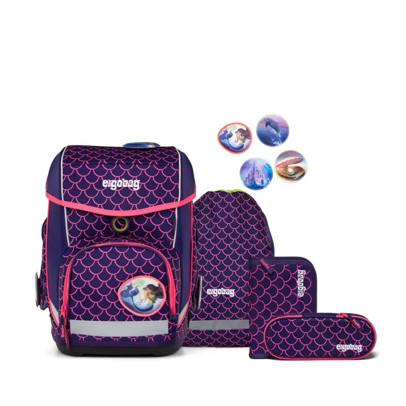 Ergobag cubo Set PerlentauchBär: 5-teiliges, ergonomisches Schulranzen-Set für Kinder mit Meerjungfrau-Schuppenmuster.