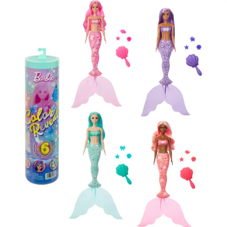 Vier Barbie Color Reveal Meerjungfrauenpuppen mit Farbwechselfunktion, Zubehör und Überraschungsverpackung.