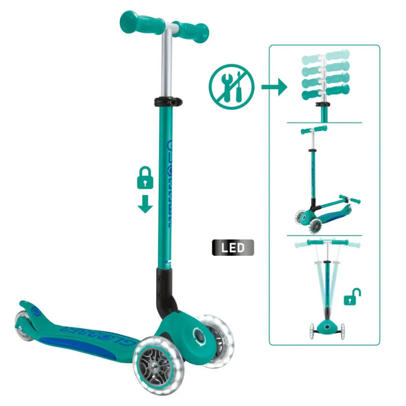 GLOBBER ELITE LIGHTS türkis, 3-Rad-Kinderroller, klappbar, höhenverstellbar, LED-Räder, ab 3 Jahren.