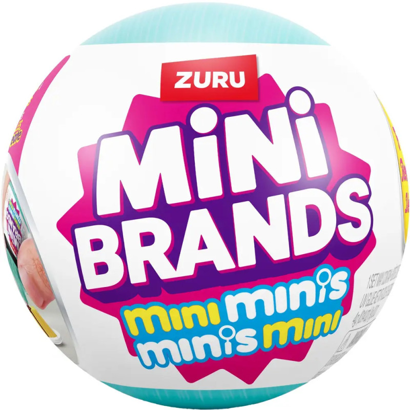 Ein ZURU Mini Brands Fill the Fridge Ball mit buntem Logo und Mini Minis-Schriftzug auf der Vorderseite.