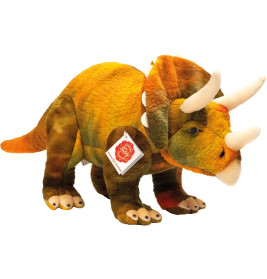 Teddy-Hermann Triceratops, 42 cm, weich, waschbar, orange-gelb-grünes Fell mit drei weißen Hörnern.