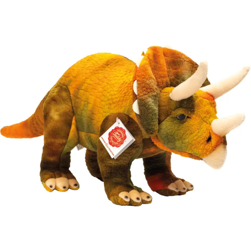 Teddy-Hermann Triceratops, 42 cm, weich, waschbar, orange-gelb-grünes Fell mit drei weißen Hörnern.