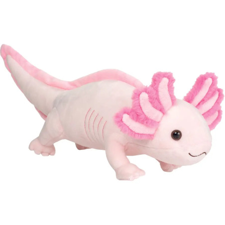 Teddy-Hermann Axolotl Plüschtier (36 cm), rosa-weiß, mit fransigen Kiemen und lächelndem Gesicht, detailreich.