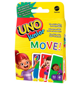 UNO Junior Move Kartenspiel für Kinder ab 3 Jahren, lehrreich und aktiv, mit bunten Motiven auf der Box.