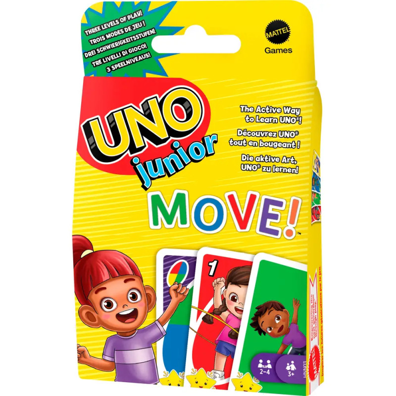 UNO Junior Move Kartenspiel für Kinder ab 3 Jahren, lehrreich und aktiv, mit bunten Motiven auf der Box.
