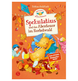 Ein orangefarbener Drache spielt mit zwei Kindern im Herbstlaub darüber steht VEDES: Spekulatius und Abenteuer im Herbstwald.