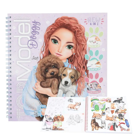 TOPModel Doggy Kreativ-Malbuch: über 40 Seiten, Spiralbindung, Cover mit Mädchen und Hunden, 5 Stickerbögen.