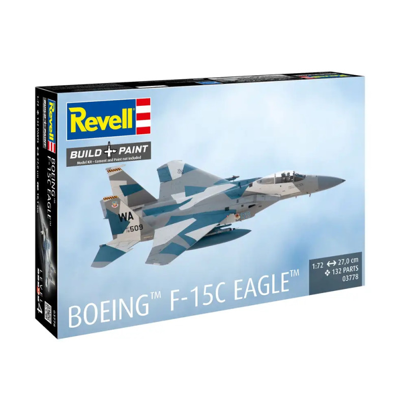 Revell Modellbausatz Boeing F-15C Eagle 1:72 mit Bild des fertigen Jets auf der Verpackung.