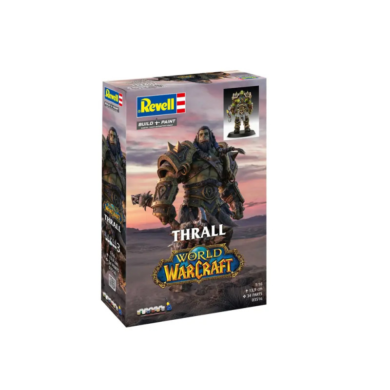 Revell Geschenkset: World of Warcraft Thrall Modellbausatz mit Farben & Pinsel, Box zeigt gepanzerten Orc.