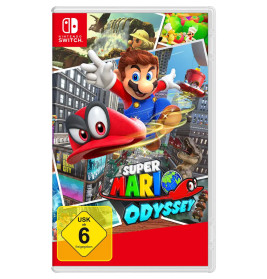 Cover von Super Mario Odyssey für Nintendo Switch: Mario, Cappy, Stadtszenen und Rettung von Peach im 3D-Abenteuer.