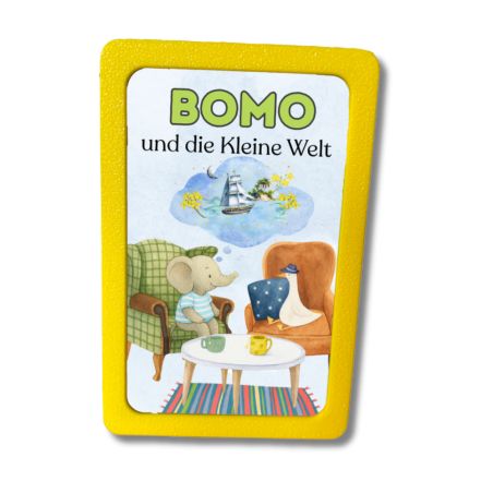 Gelbe Karte mit Elefant und Pinguin auf Stühlen, dazu Text: Fluxie FLX-1003 Full HD LED-Fernseher.