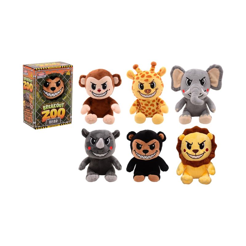 Sechs Plüschtiere mit grimmigen Gesichtern und eine "Breakout Zoo"-Box stehen vor weißem Hintergrund.