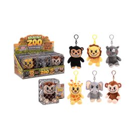 Breakout Zoo Plüsch-Schlüsselanhänger mit Tiermotiven, Displaybox und sechs einzelnen Plüschtieren abgebildet.