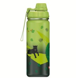 Grüne Wasserflasche mit Abbildungen eines schwarzen Panthers, Blättern und Bienen.