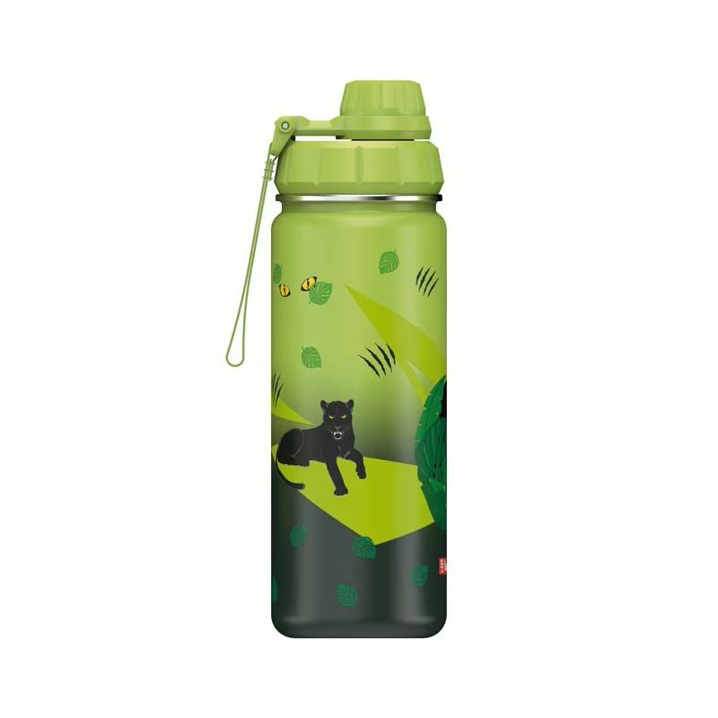 Grüne Wasserflasche mit Abbildungen eines schwarzen Panthers, Blättern und Bienen.