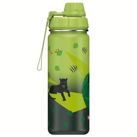 Grüne Wasserflasche mit Abbildungen eines schwarzen Panthers, Blättern und Bienen.