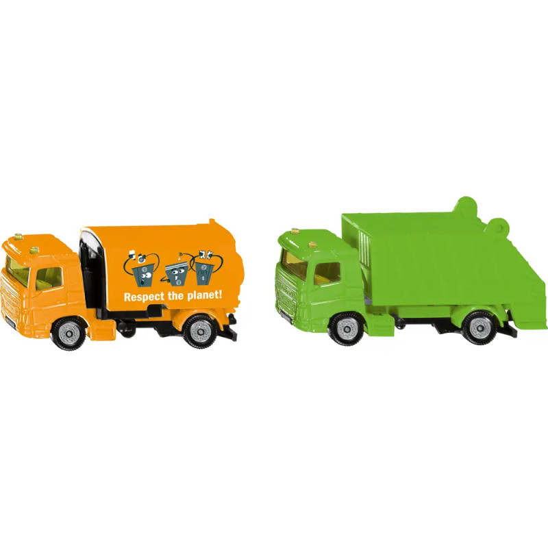 Zwei Spielzeugmüllautos, eines orange mit Respect the planet!-Schriftzug, eines grün, nebeneinander.