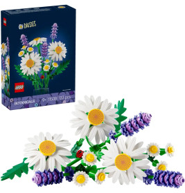 LEGO Botanical Set mit weißen Gänseblümchen und lila Blumen, aufgebaut und auf der Verpackung abgebildet.