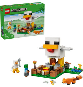 LEGO Minecraft Set mit großem Huhn, Figuren, Tieren und der Box im Hintergrund.