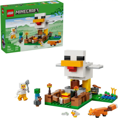 LEGO Minecraft Set mit großem Huhn, Figuren, Tieren und der Box im Hintergrund.