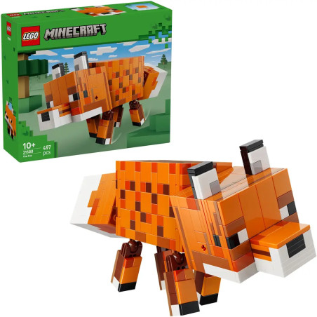 LEGO Minecraft Fuchs-Set: Verpackung und fertiges Fuchsmodell aus orangen, weißen und braunen Steinen.
