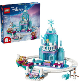 LEGO Disney Frozen Eisschloss-Set mit Figuren und blauem Schloss, Verpackung im Hintergrund.