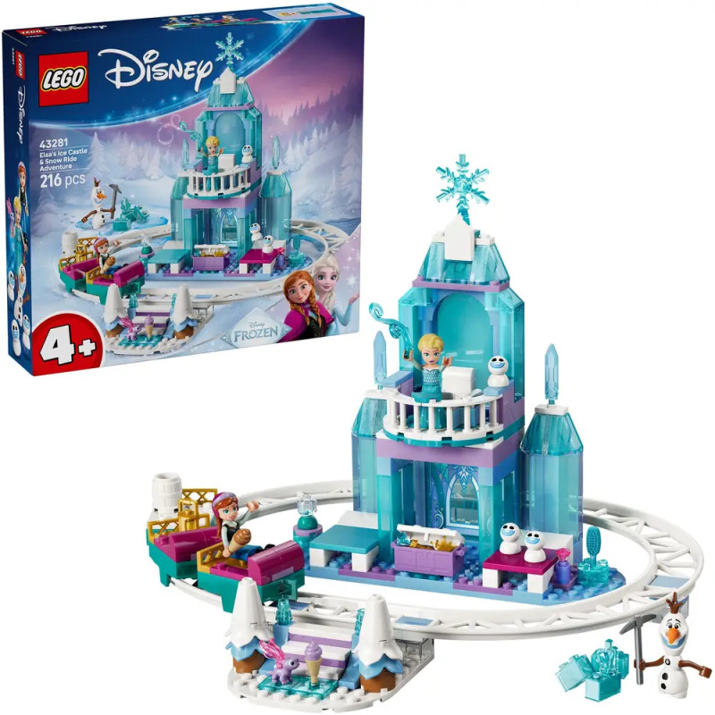 LEGO Disney Frozen Eisschloss-Set mit Figuren und blauem Schloss, Verpackung im Hintergrund.