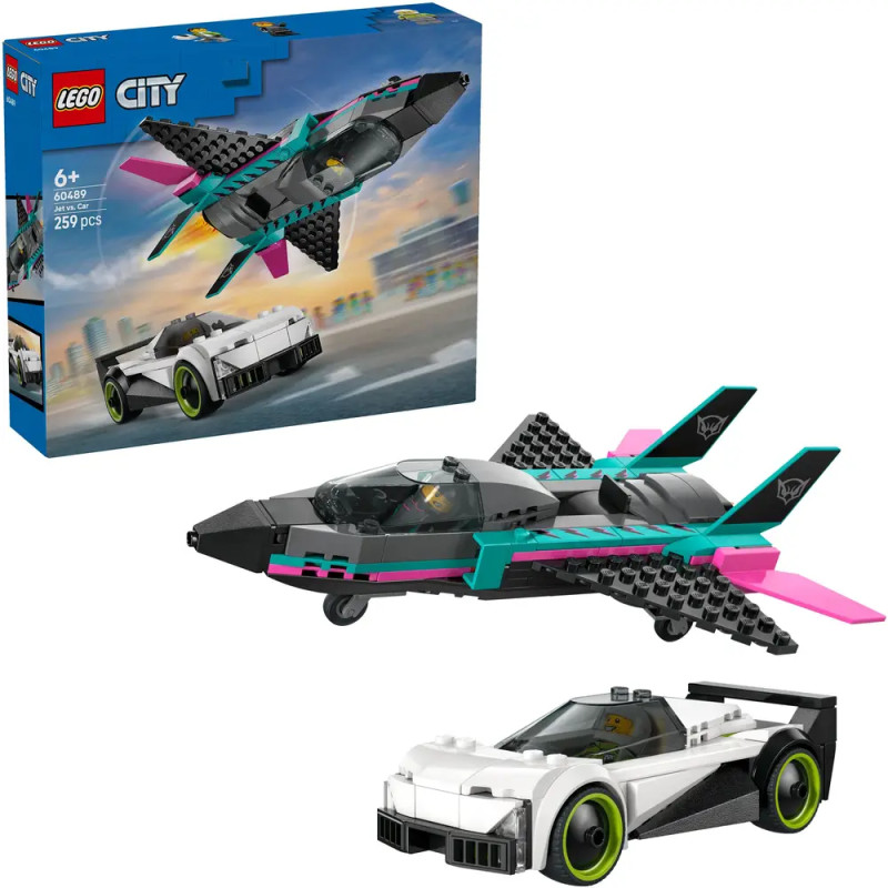 LEGO City Set mit schwarzem Jet und weißem Auto auf der Verpackung sind dieselben Fahrzeuge abgebildet.