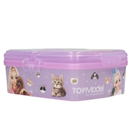 Lila Brotdose mit Cartoon-Mädchen, Katzen und Hunden, seitlich mit "TOPModel by Depesche" beschriftet.