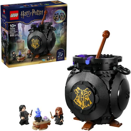 LEGO Harry Potter Kessel-Set mit Schachtel, gebautem Kessel und drei Minifiguren ausgestellt.