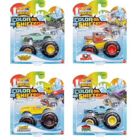 Vier Hot Wheels Color Shifters Monster Trucks in Verpackung, alle mit individuellen Designs und Farben.