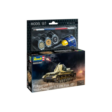 Revell Flakpanzer IV Modellbausatz inklusive Farben, Pinsel und Kleber in der Verpackung.