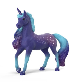 Lila Einhorn-Spielzeug mit blauer Mähne und Schweif sowie Sternendekor steht vor weißem Hintergrund.