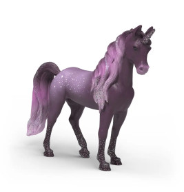 Lila Einhornfigur mit funkelnder Mähne, glitzerndem Horn und weißen Flecken an Körper und Beinen.
