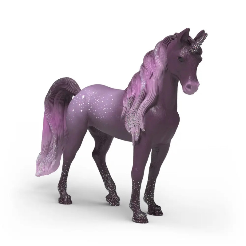 Lila Einhornfigur mit funkelnder Mähne, glitzerndem Horn und weißen Flecken an Körper und Beinen.